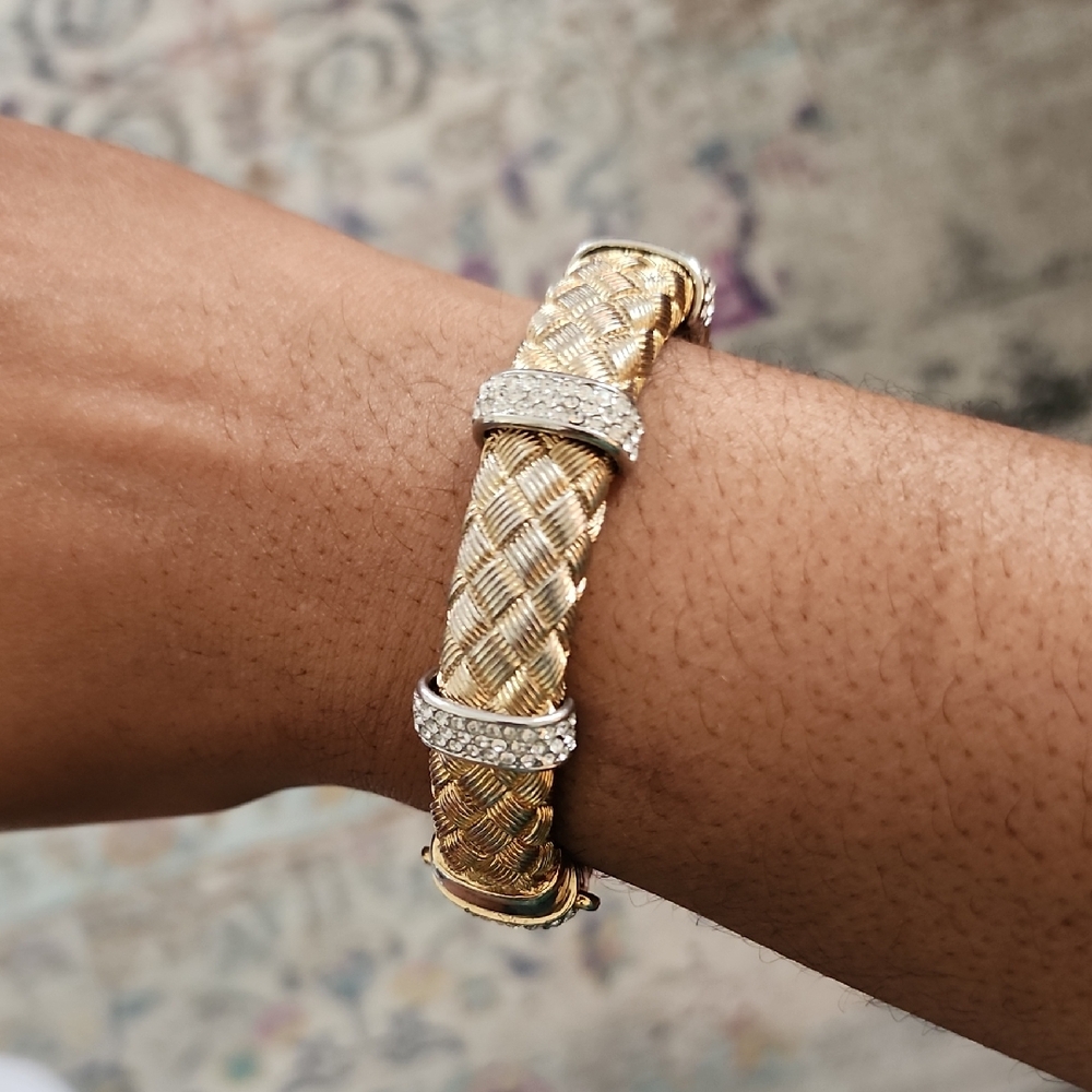 Gold Tone Braided Bracelet Crystal Accent Clasp Statement Elegant